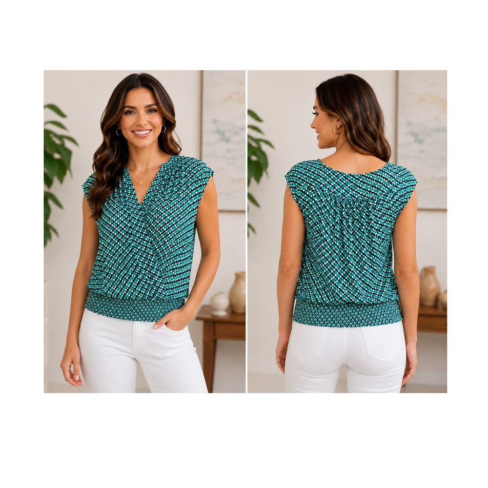 NWT Zac & Rachel Green Blue Geometric Print Blouse Size Small Smocked Waist Top